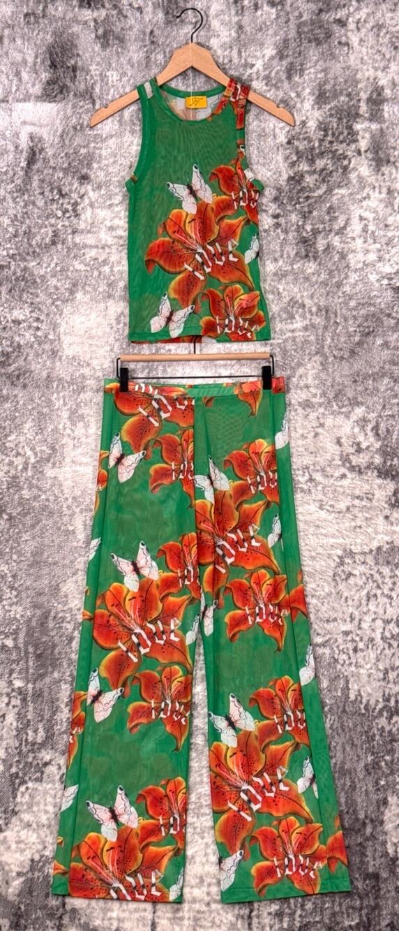 Juliet Johnstone Pant Set Medium Womens Green Floral Mesh Lightweight